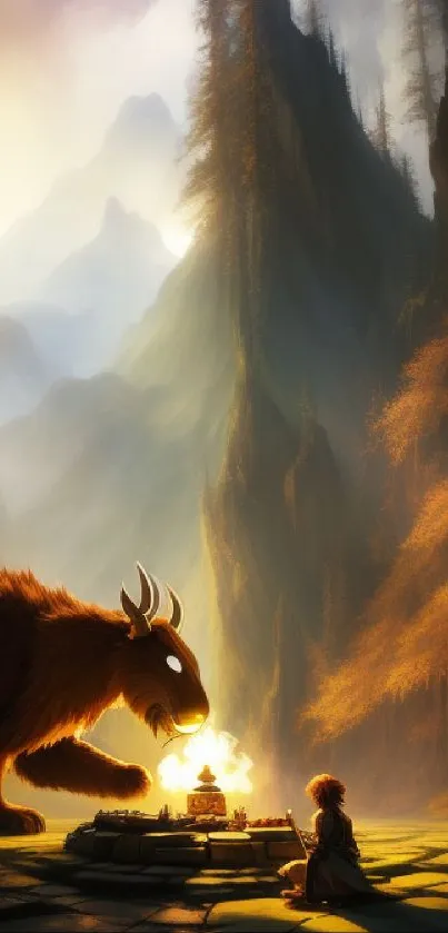 Mystical creature and traveler in mountain landscape