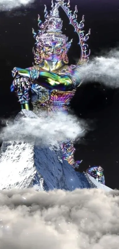 Iridescent deity on mountain with clouds.