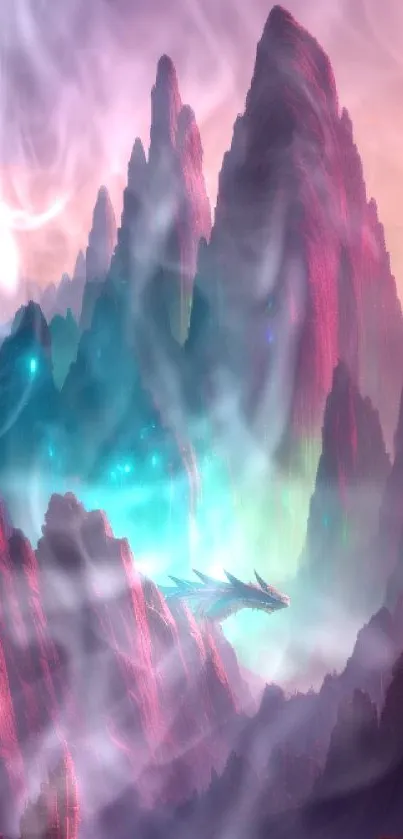 Mystical mountain landscape with a dragon, glowing in vibrant colors.