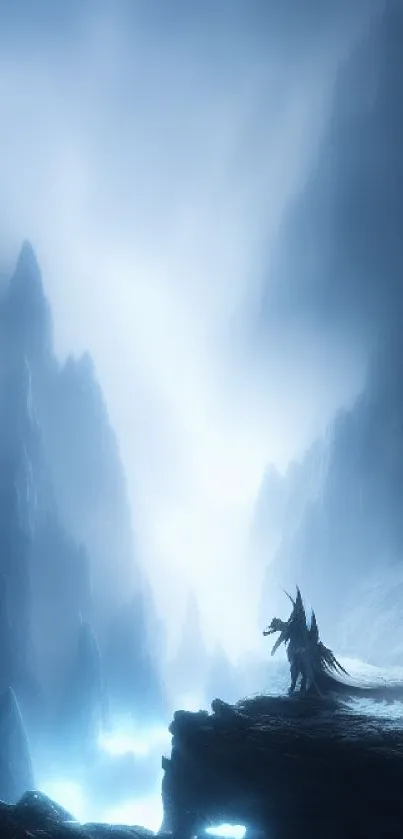 Dragon standing in mystical mountain landscape.