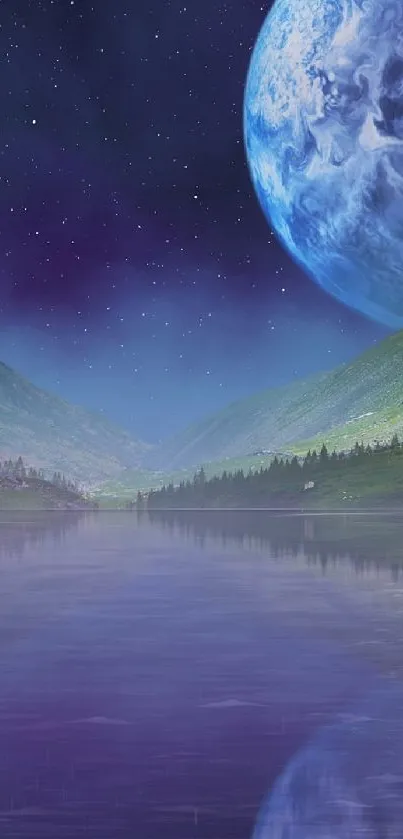 Mystical mountain and lake under a galaxy sky wallpaper.