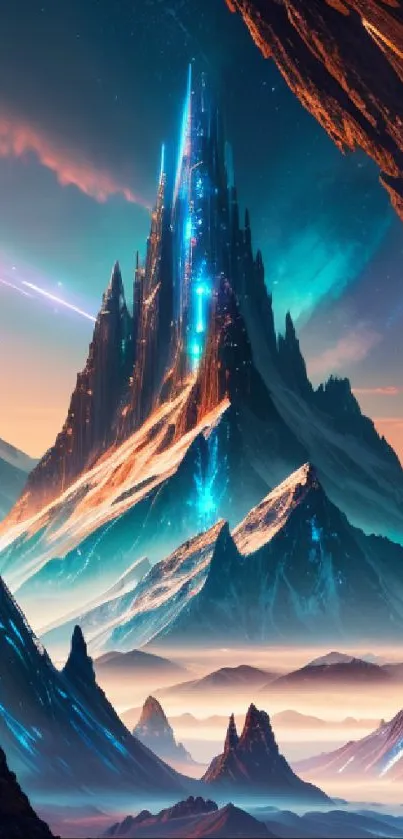 Mystical mountain fantasy wallpaper with cosmic lights.