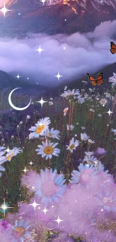 Mystical mountain with daisies and butterflies under a lavender sky.