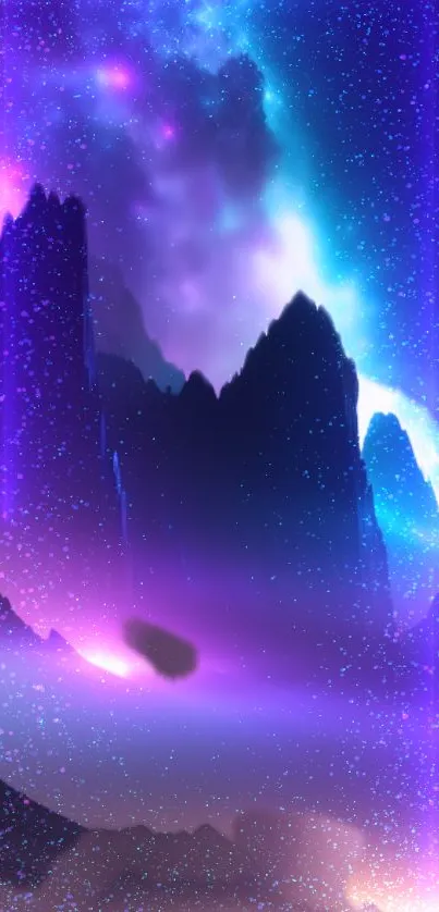 Mystical galaxy mountain scene with vibrant purple hues.