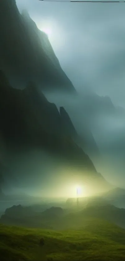 Mysterious mountains with glowing light, ideal for calming phone wallpaper.