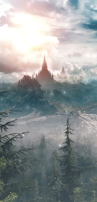 A breathtaking view of a mystical mountain castle amidst clouds and greenery.