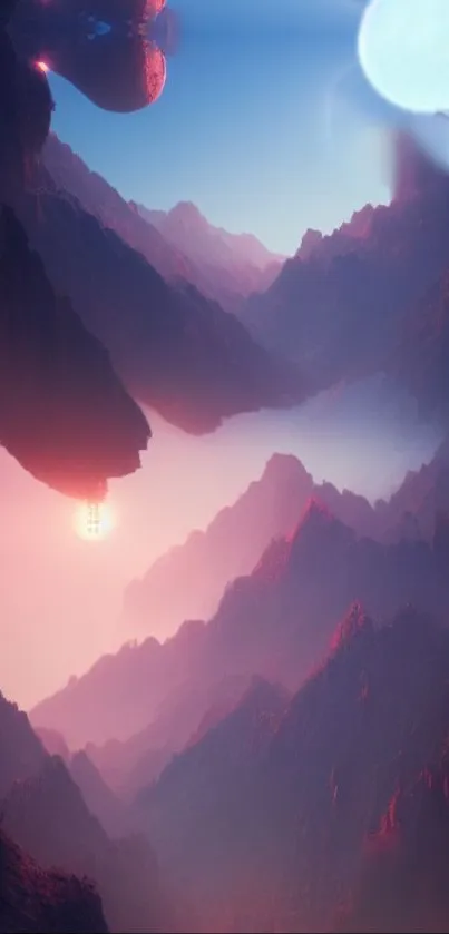 Mystical mountain landscape with vibrant purple hues, creating an ethereal view.