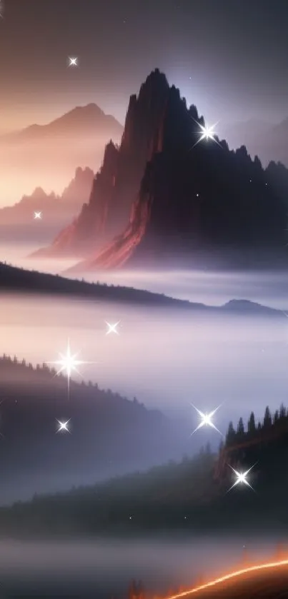 Mystical mountain landscape with fog and glowing light trails.