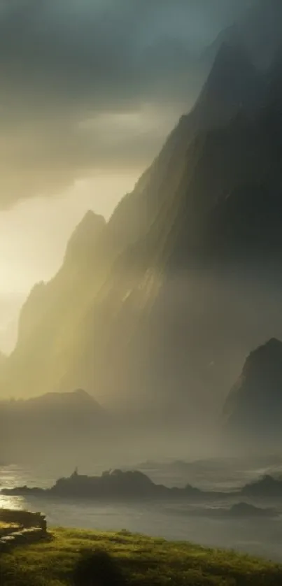 Mystical landscape with misty mountains and glowing sunrise.