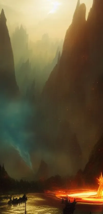 Mystical mountain landscape with fiery elements and dramatic peaks.