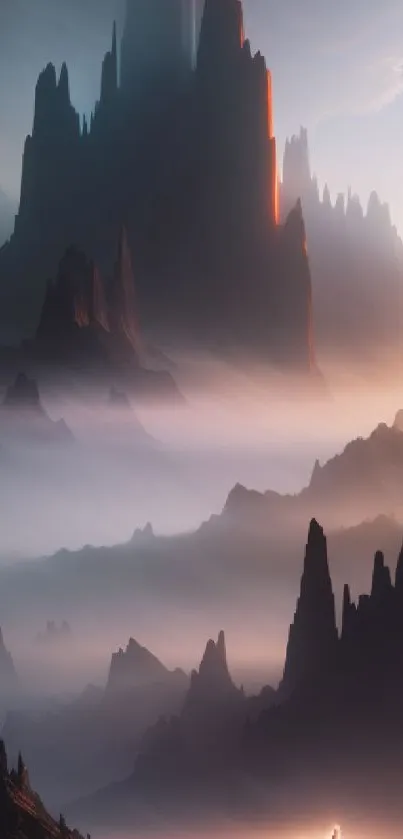 Mystical mountain landscape with misty peaks in captivating artwork for mobile wallpaper.