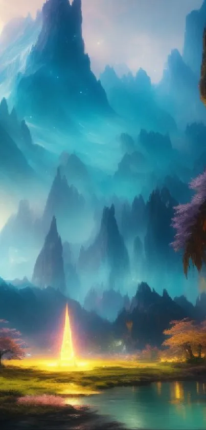 Mystical fantasy mountain landscape with vibrant colors and ethereal lighting.