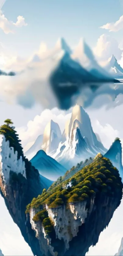 Mystical mountain landscape with clouds and trees.