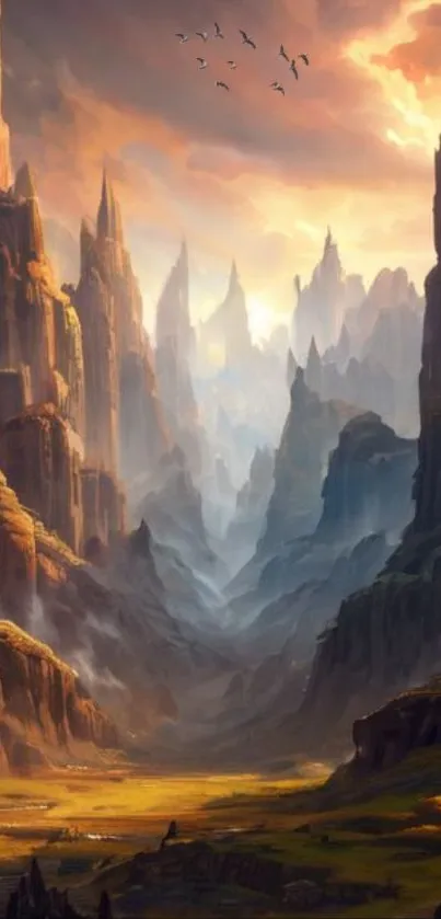 Mystical mountain landscape with glowing peaks and tranquil valleys.