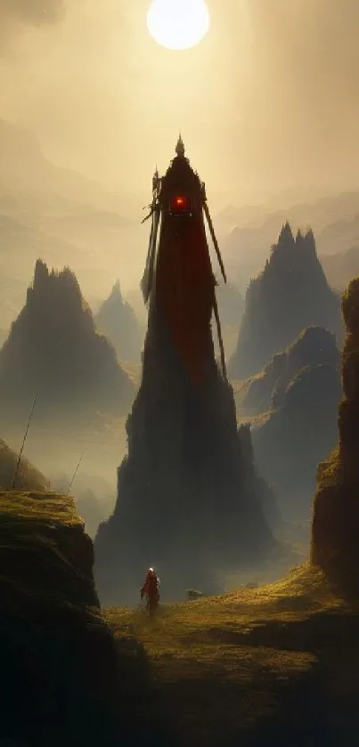 Mystical mountain landscape with dramatic sunset and surreal atmosphere.