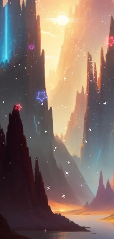 Mystical mountain landscape art with a vibrant sunset.