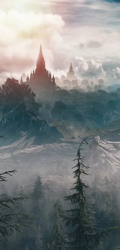 Mystical mountain landscape with a fantasy castle and sunset clouds.