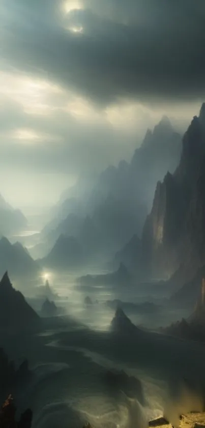 Mystical mountain landscape with mist and sky.