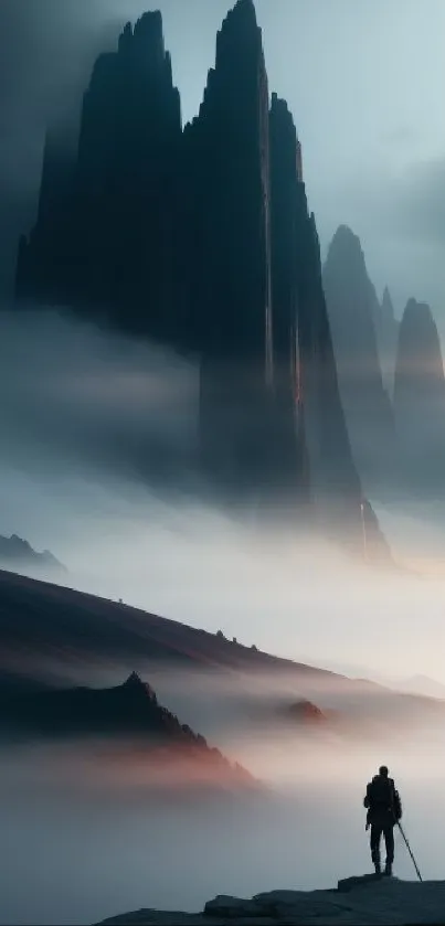 Mysterious mountain peaks with mist and lone traveler.