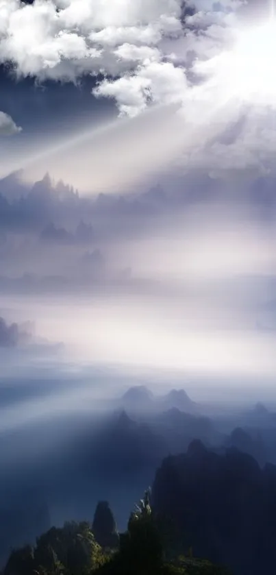 Mystical mountain landscape with mist and soft light rays.