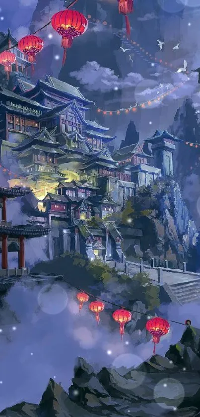 Scenic mountain village with red lanterns illuminating the night.