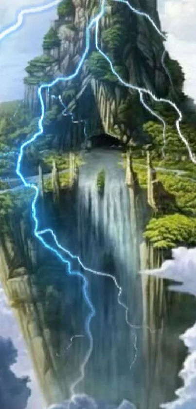 Mystical mountain with lightning and waterfalls in a serene natural setting.