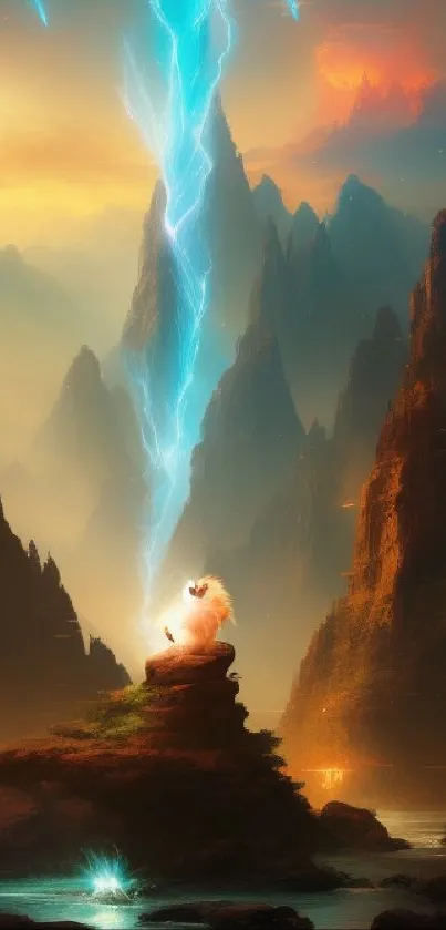 Mystical mountain landscape with striking blue lightning.