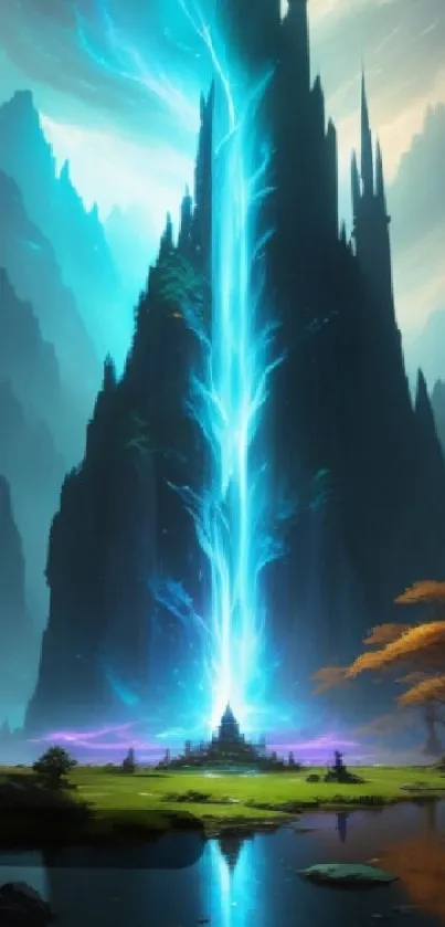 Mystical mountain with blue lightning in a fantasy landscape.