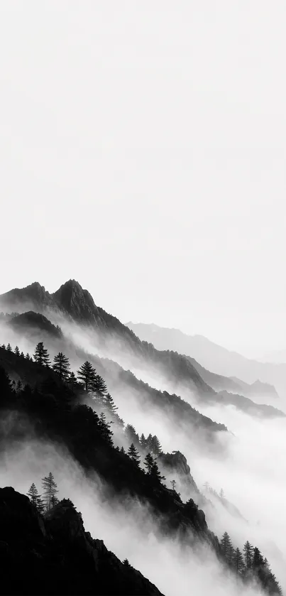 Black and white misty mountain landscape wallpaper.