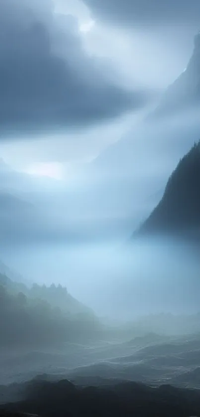 Ethereal mountain mist landscape with blue hues and tranquil scenery.