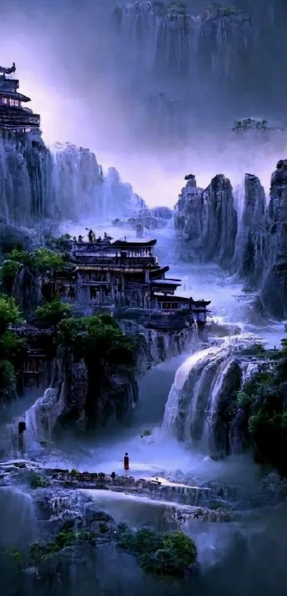 Mystical mountain landscape under moonlight with ancient architecture.