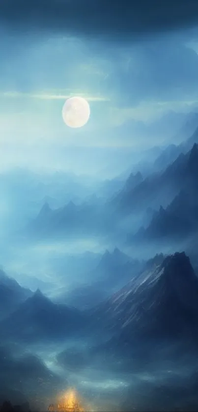 Scenic mountain view under a moonlit sky with mystical ambiance.