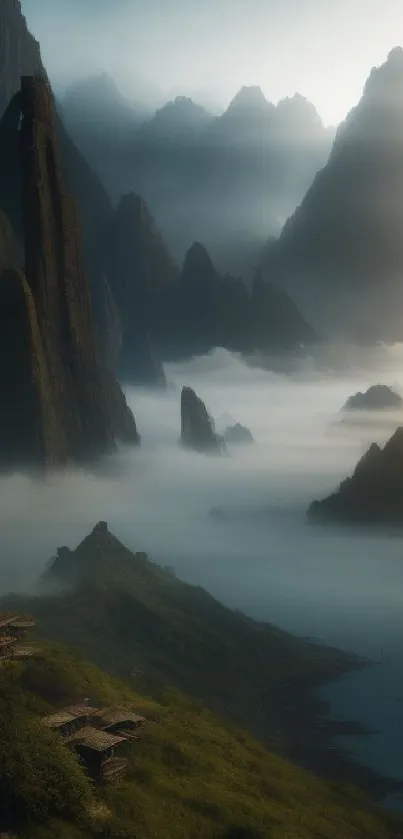 Misty mountain landscape with morning fog and rising peaks.