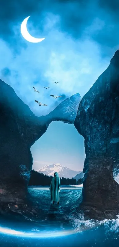 Mystical night landscape with moon and mountains in blue hues.