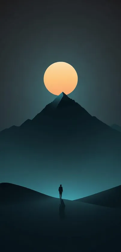 A lone figure under a moonlit mountain silhouette against a dark night sky backdrop.