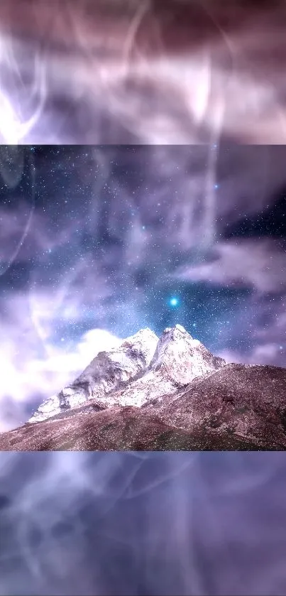 Mountain landscape with starry night sky and ethereal light effects.