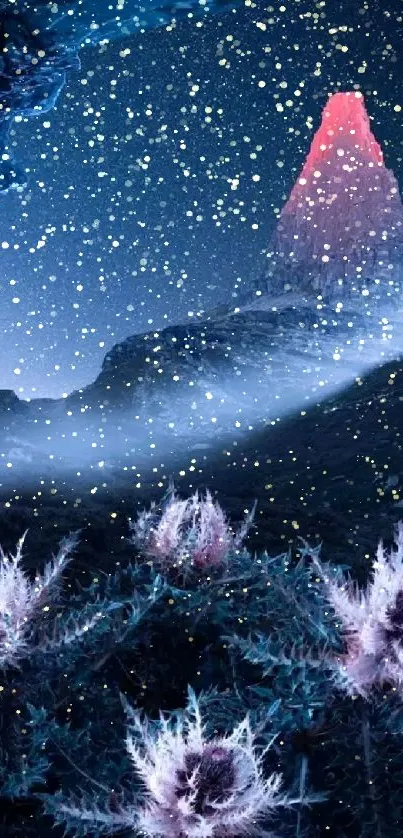 Starry night over a red mountain peak and icy flowers.