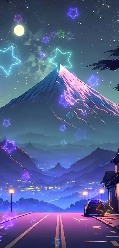 Mystical mountain under starry night with moonlight and city lights.