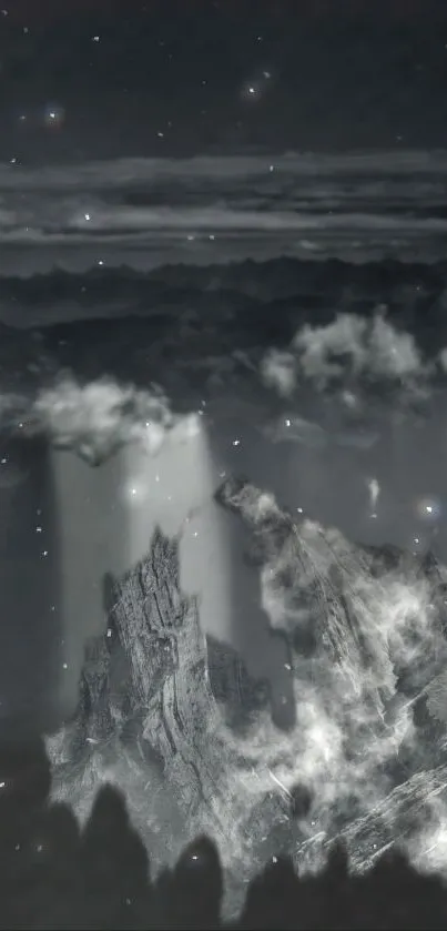 Mystical mountain nightscape with stars and clouds in grayscale.