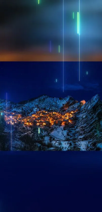 Dark blue nightscape with mountain village and glowing lights.