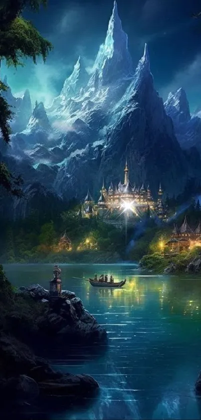 Fantasy mountain with castle and boat under a starry night sky.