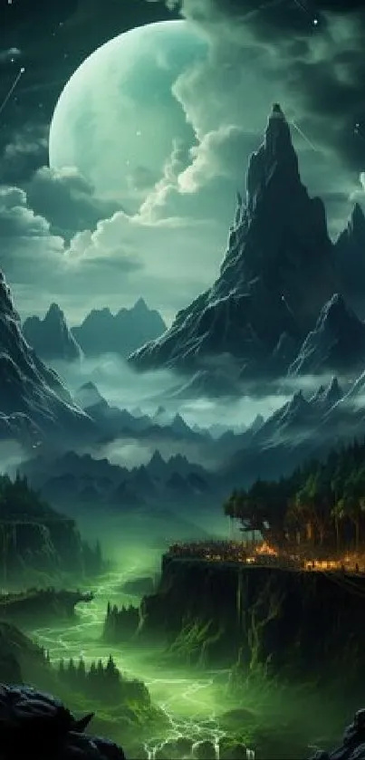 Mystical mountain nightscape with glowing moon and green valley.