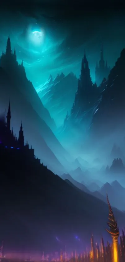 Mystical mountains with glowing moon and blue night sky art.