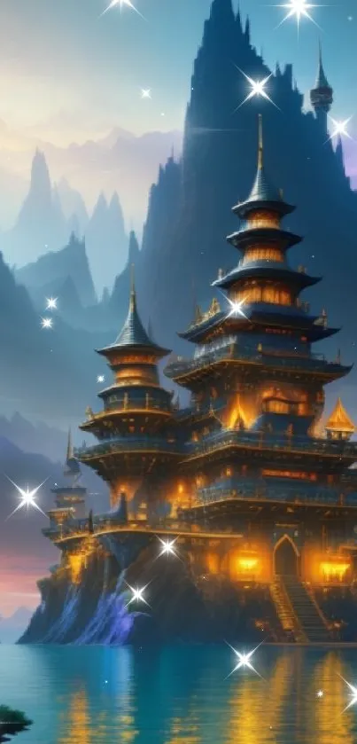 Mystical glowing palace with mountain backdrop and serene waters.