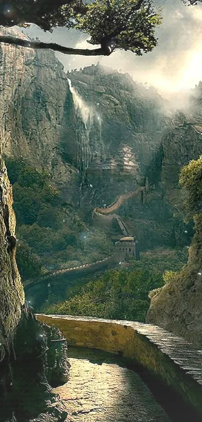 Mystical mountain pathway with lush greenery and cliffs.