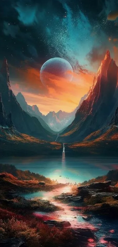 Stunning fantasy mountain scene with vibrant teal and orange hues.