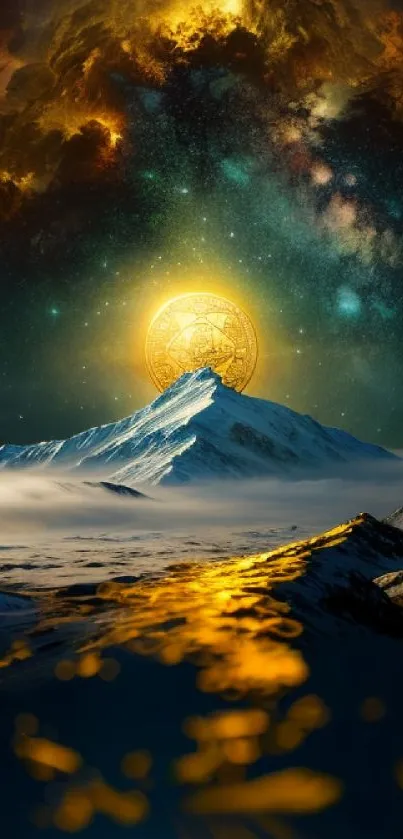 Mystical mountain under a cosmic sky.