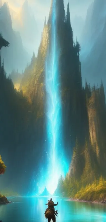 Mystical mountain wallpaper with blue waterfall and serene landscape for mobile.