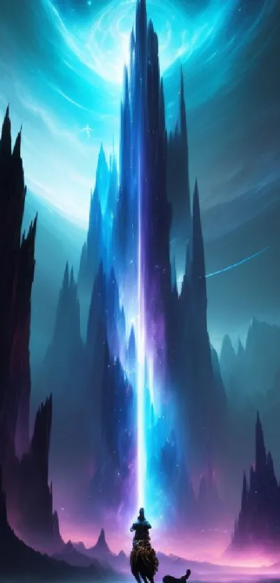 Mystical, glowing mountain with cosmic sky in vibrant colors for phone wallpaper.