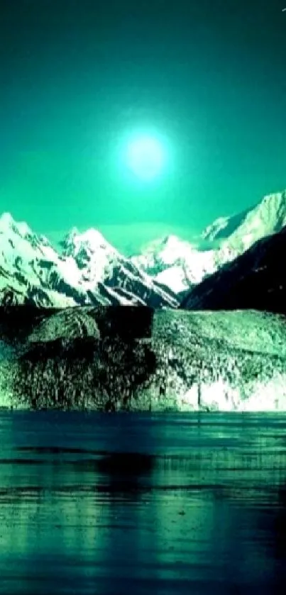 Turquoise mountain landscape with a lake reflecting under a glowing sky.